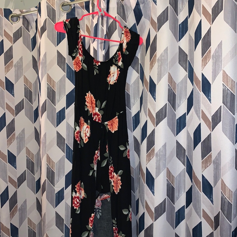 Black pink Flowered Romper with long train